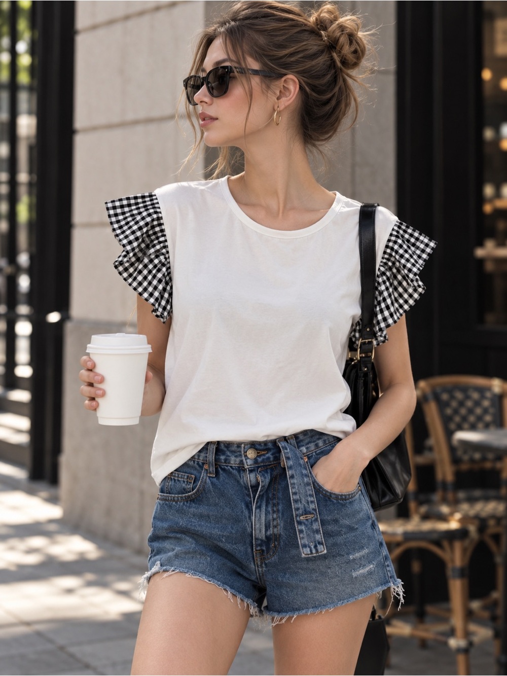 Black & White Gingham Ruffle Sleeve White Top